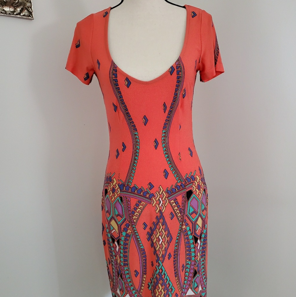 Colorful low cut dress, stretch material size XS
